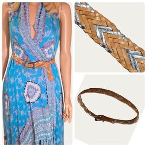 Vintage Liz Claiborne Woven Tan & Silver Leather Belt with Silver Tone Buckle M
